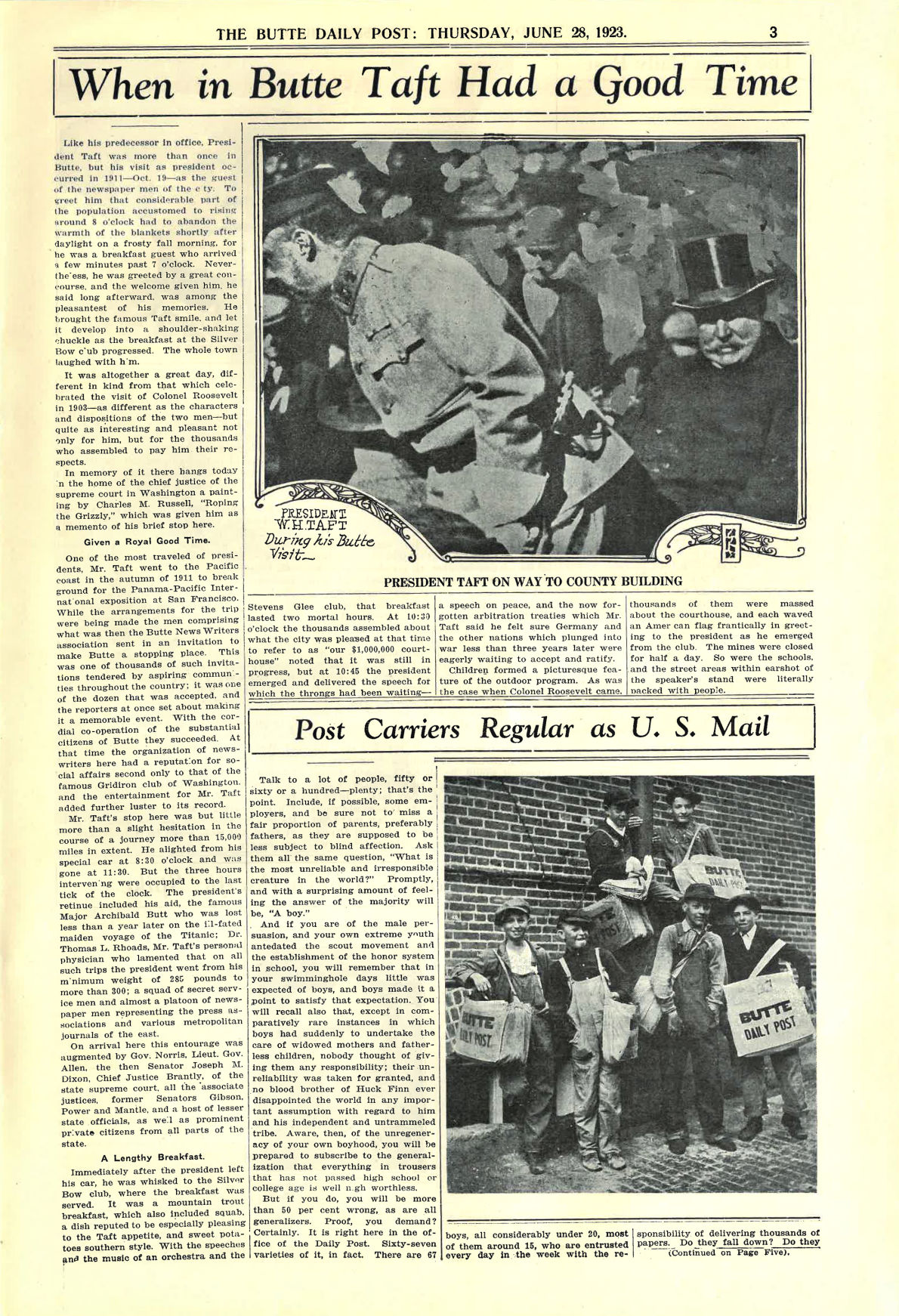 Page 3 of the Butte Daily Post for June 28th, 1923.